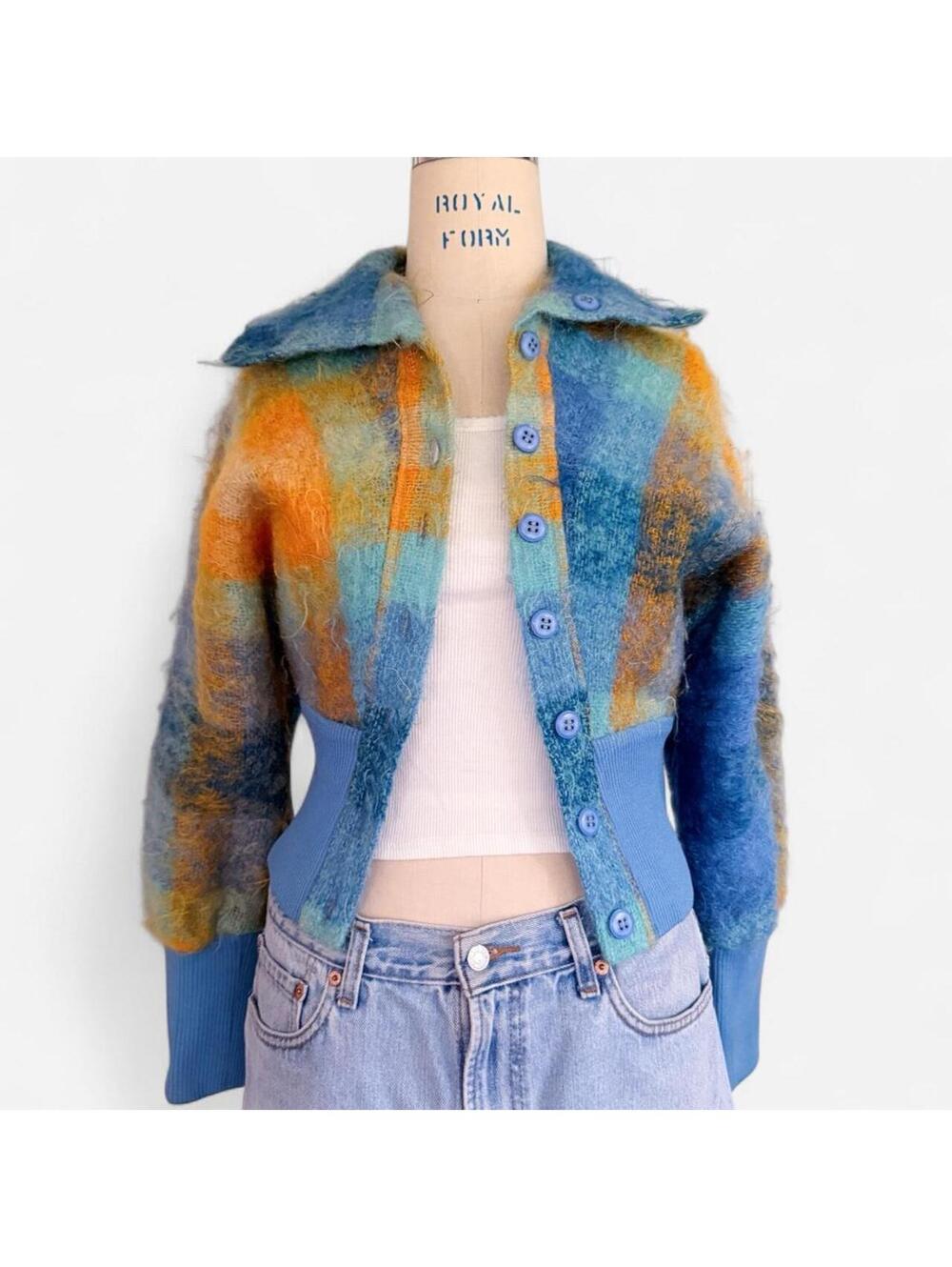 Vintage 90s Fuzzy Mohair Plaid Grunge Cardigan Jacket in Blue